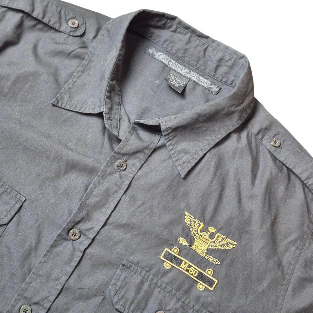 Our Silent Procession Men's L Military Button Shirt Black Eagle M-60 Patch